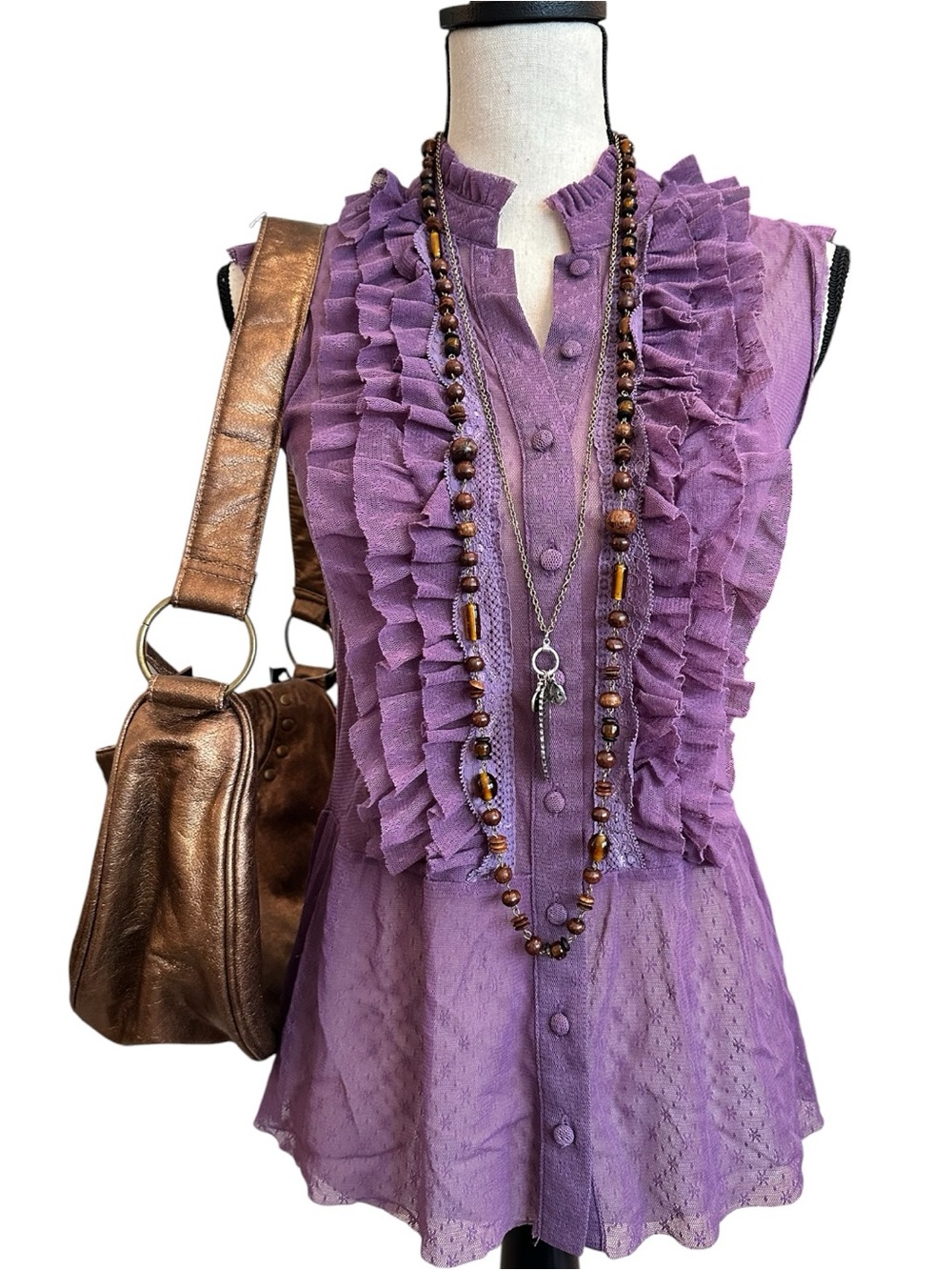 Charlotte Russe Purple Ruffle Lace Sleeveless Blouse Boho Fairy Top 100% Nylon